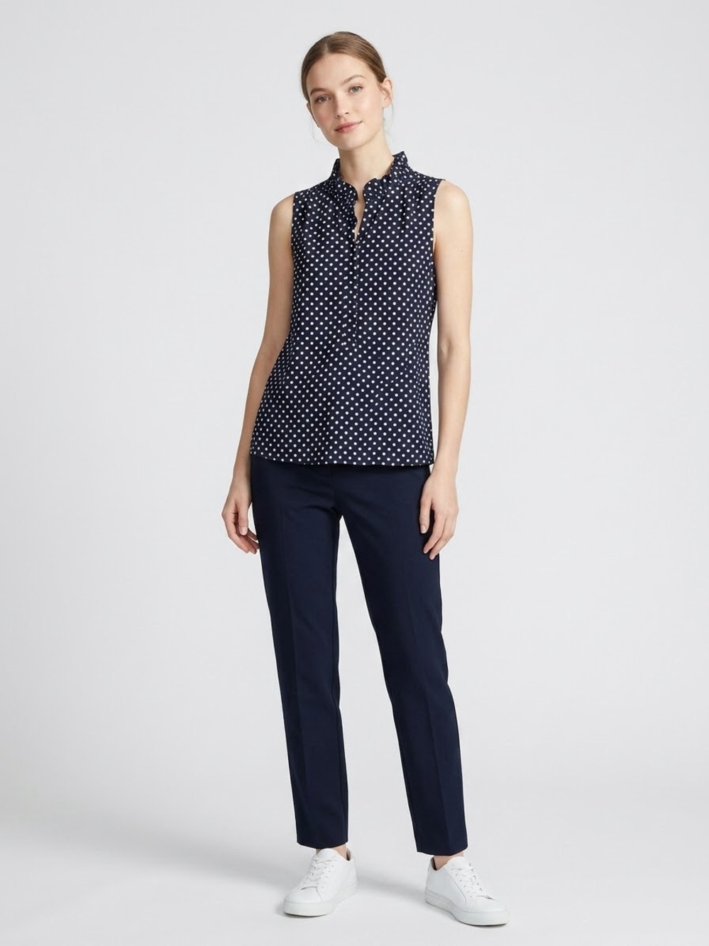 J. Crew Navy Polka Dot Sleeveless Shell with Navy Straight-Leg Pants